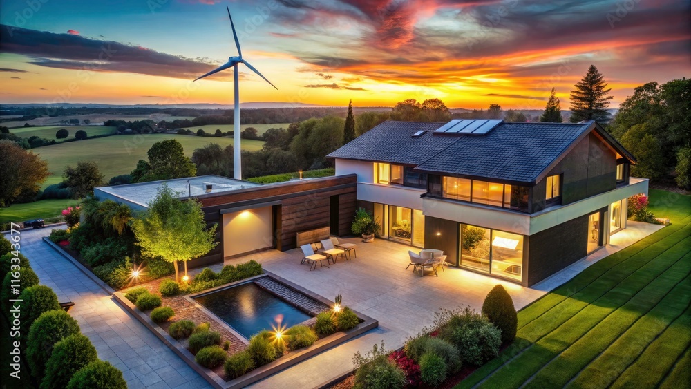 Aerial View of a Modern Eco-Friendly House at Dusk with Solar Lights and Wind Turbine in Backyard, Sustainable Living, Green Architecture, Nature Integration Aerial View of a Modern Eco-Friendly House at Dusk with Solar Lights and Wind Turbine in Backyard, Sustainable Living, Green Architecture, Nature Integration