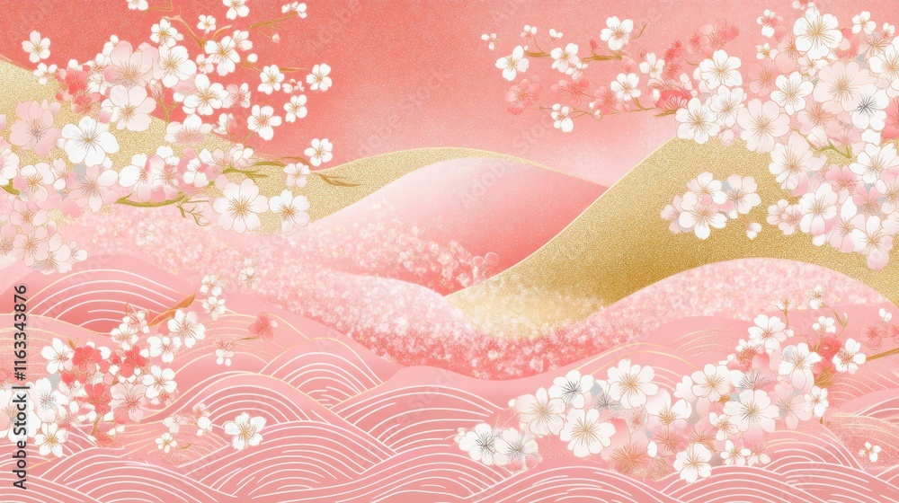 A pastel pink Japanese pattern design with wave and cherry blossom motifs highlighted by shimmering gold for New Year A pastel pink Japanese pattern design with wave and cherry blossom motifs highlighted by shimmering gold for New Year