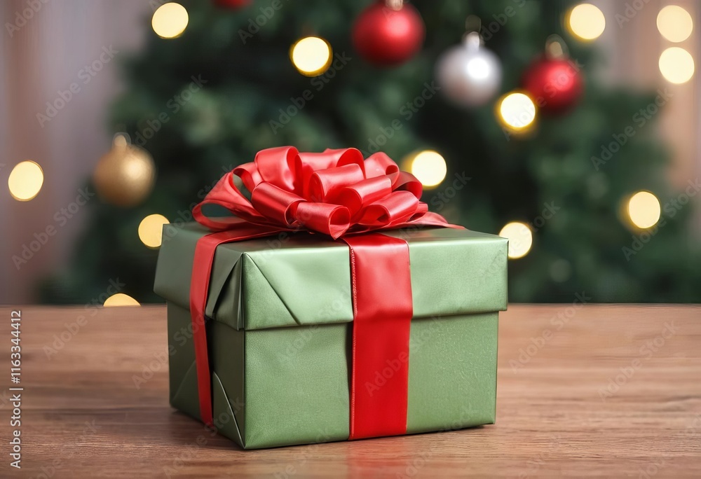 A beautifully wrapped Christmas present on a table with a blurred background of lights and decorations A beautifully wrapped Christmas present on a table with a blurred background of lights and decorations