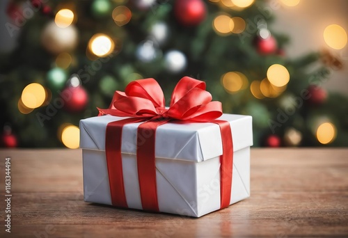 Wallpaper Mural A beautifully wrapped Christmas present on a table with a blurred background of lights and decorations Torontodigital.ca