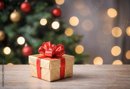 Wallpaper Mural A beautifully wrapped Christmas present on a table with a blurred background of lights and decorations Torontodigital.ca