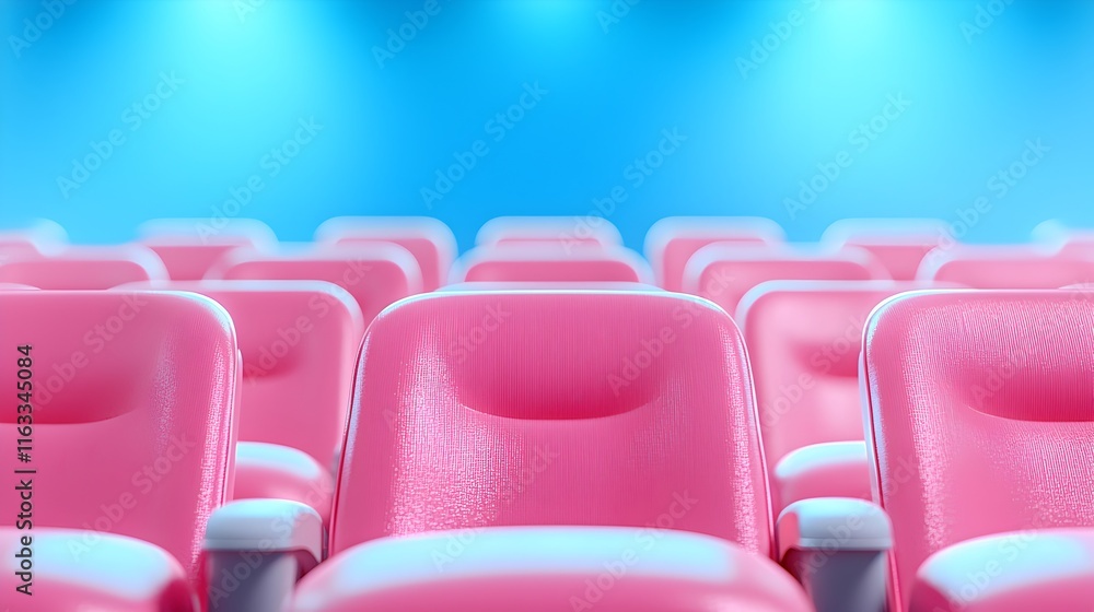 Fototapeta premium A row of red and pink chairs are arranged in a theater