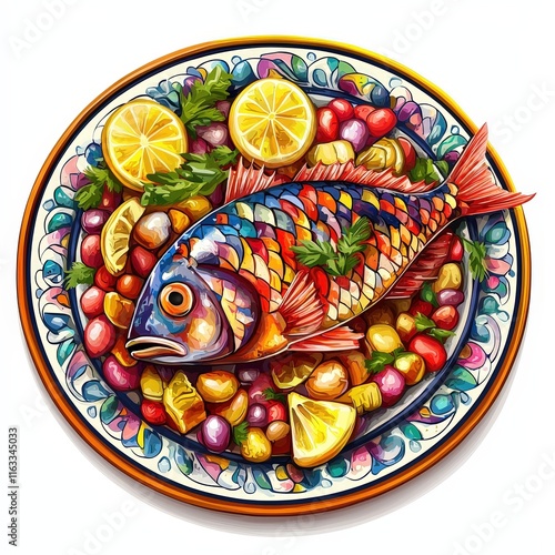 Mexican fish zarandeado national cuisine dish isolated on white background, colorful cartoon illustration photo