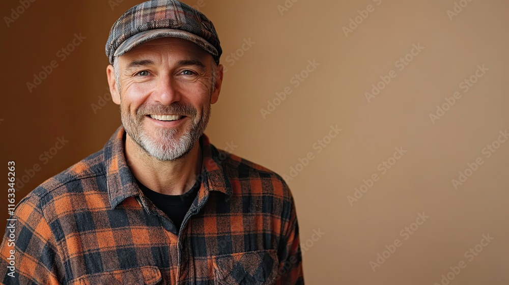 Smiling Man in Plaid Shirt and Cap – A friendly man in a plaid shirt and cap stands confidently against a beige background, exuding warmth. Smiling Man in Plaid Shirt and Cap – A friendly man in a plaid shirt and cap stands confidently against a beige background, exuding warmth.