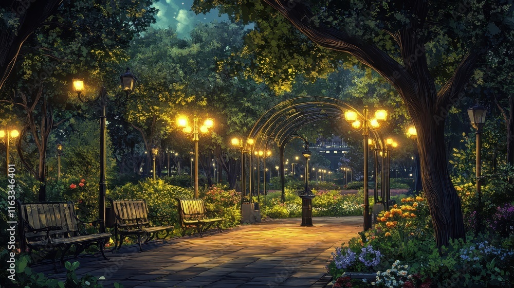 Fototapeta premium Night scene of a park pathway with benches, arch, and lit lamps. Perfect for romance, peace, or tranquility themes.