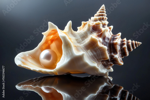 Beautiful seashell with a shiny pearl displayed on a reflective surface photo