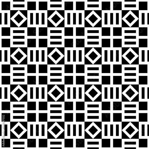 An abstract black and white pattern featuring geometric shapes arranged in a repetitive grid layout, blending modern design with classic contrast.