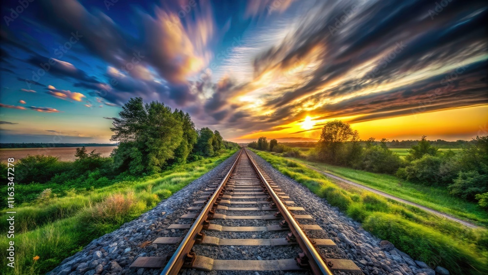 Fototapeta premium Captivating Long Exposure of Railway Lines Converging into the Horizon, Serene Landscape, Tracks, Tranquil Scene, Night Photography, Natural Light, Scenic View, Travel, Journey.