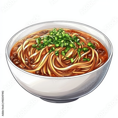 Chinese dan dan noodles national cuisine dish isolated on white background, colorful cartoon illustration photo