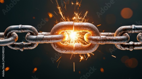 Close up of a powerful bolt cutter slicing through a metal chain link creating a burst of sparks and energy as the connection is forcefully severed  The image represents the concepts of destruction