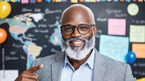 A smiling older male teacher with gray hair and glasses pointing at a blackboard in a classroom. Concept: education, leadership, wisdom. photo