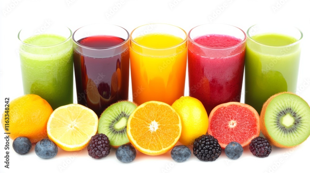 Fototapeta premium Fresh and Artistic Fruit Juices on Isolated Background