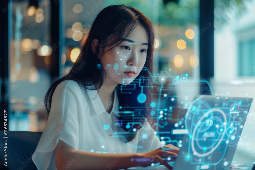 Woman Using Laptop with Futuristic Interface Woman Using Laptop with Futuristic Interface