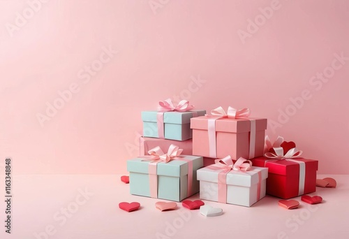 A background of pastel pink with gift boxes and hearts scattered around