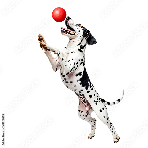 Dalmatian dog jumping happily in the air catching a ball, isolated on transparent background