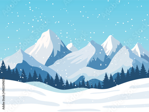 winter landscape with snow，Blue sky, snow-capped mountains and forested landscapes