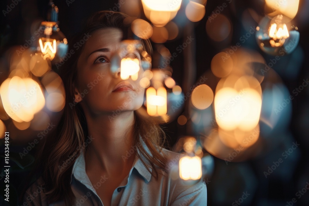 Woman Illuminated by Warm Lights: A Portrait of Contemplation Woman Illuminated by Warm Lights: A Portrait of Contemplation