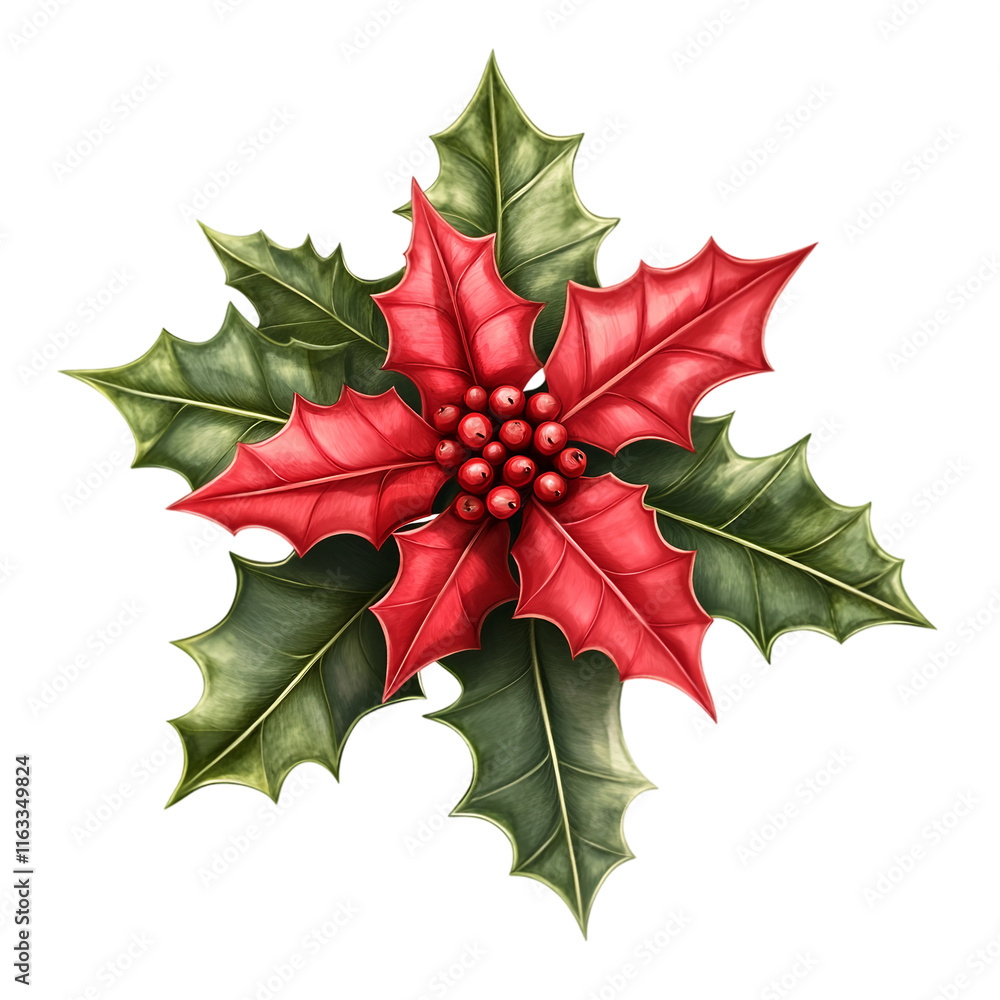 Fototapeta premium Red poinsettia flower with green leaves.