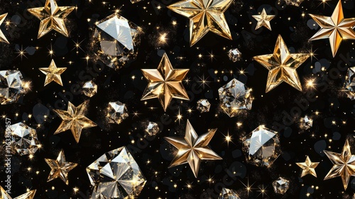 A dazzling seamless pattern of diamonds and golden stars, creating a glamorous texture perfect for high-end designs