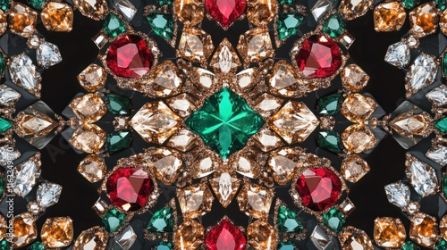 A dazzling seamless pattern featuring diamonds, rubies, and emeralds arranged in a symmetrical and luxurious design
