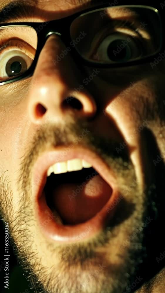 Expression of shock and fear captured in close-up during a dramatic nighttime event Expression of shock and fear captured in close-up during a dramatic nighttime event
