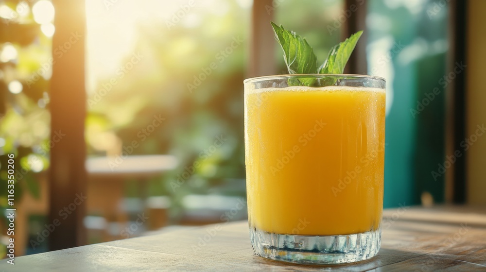 Freshly Squeezed Juice with Mint Garnish and Natural Light Freshly Squeezed Juice with Mint Garnish and Natural Light