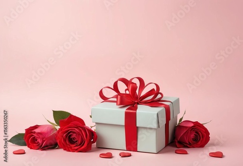 A gift box surrounded by red roses and heart-shaped balloons on a pastel background
