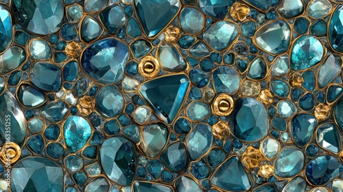 A dazzling seamless pattern of shimmering gemstones and gold details, creating a glamorous and sophisticated background texture