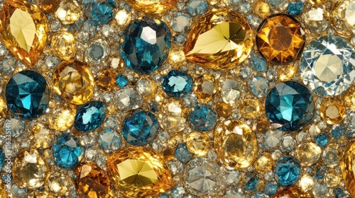 A dazzling seamless pattern of shimmering gemstones and gold details, creating a glamorous and sophisticated background texture