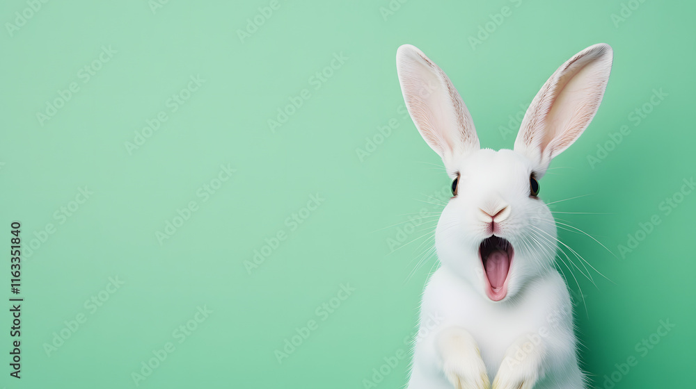 A white rabbit with an open mouth set against a green background, creating a playful and lively atmosphere.
A white rabbit with an open mouth set against a green background, creating a playful and lively atmosphere.