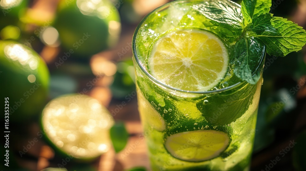 Refreshing Mojito with Lime, Mint, and Ice in a Glass: Close-Up. Refreshing Mojito with Lime, Mint, and Ice in a Glass: Close-Up.