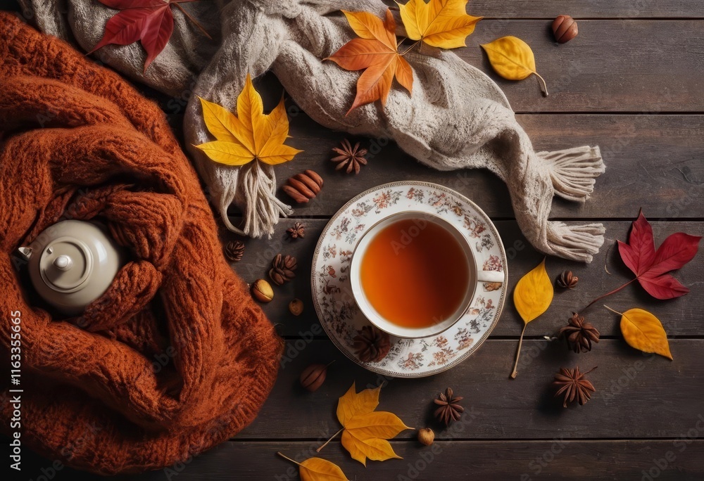 A cup of hot tea with autumn leaves and a cozy blanket in the background A cup of hot tea with autumn leaves and a cozy blanket in the background