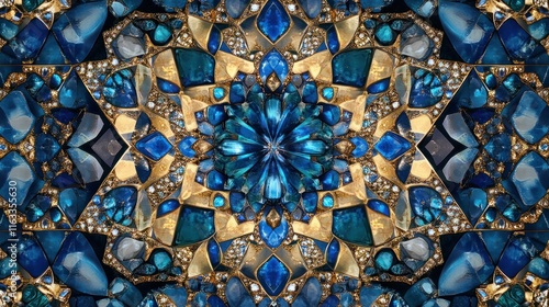 A luxurious seamless pattern of brilliant gemstones in shades of blue and gold, forming a symmetrical geometric design