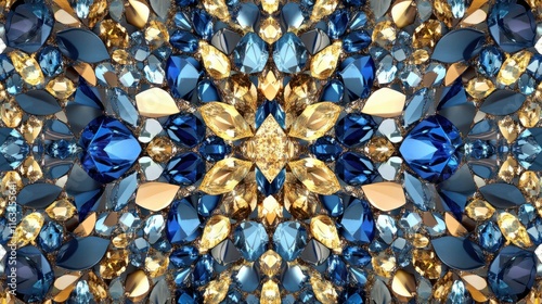 A luxurious seamless pattern of brilliant gemstones in shades of blue and gold, forming a symmetrical geometric design