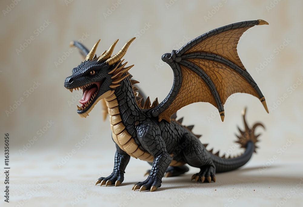 Fototapeta premium Majestic Black and Gold Dragon in Powerful Pose on Isolated White Background