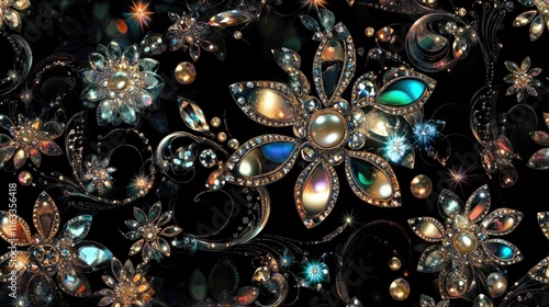A radiant seamless pattern of crystals and pearls, glowing softly against a black background, exuding elegance