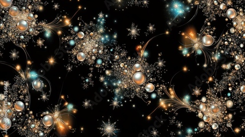 A radiant seamless pattern of crystals and pearls, glowing softly against a black background, exuding elegance