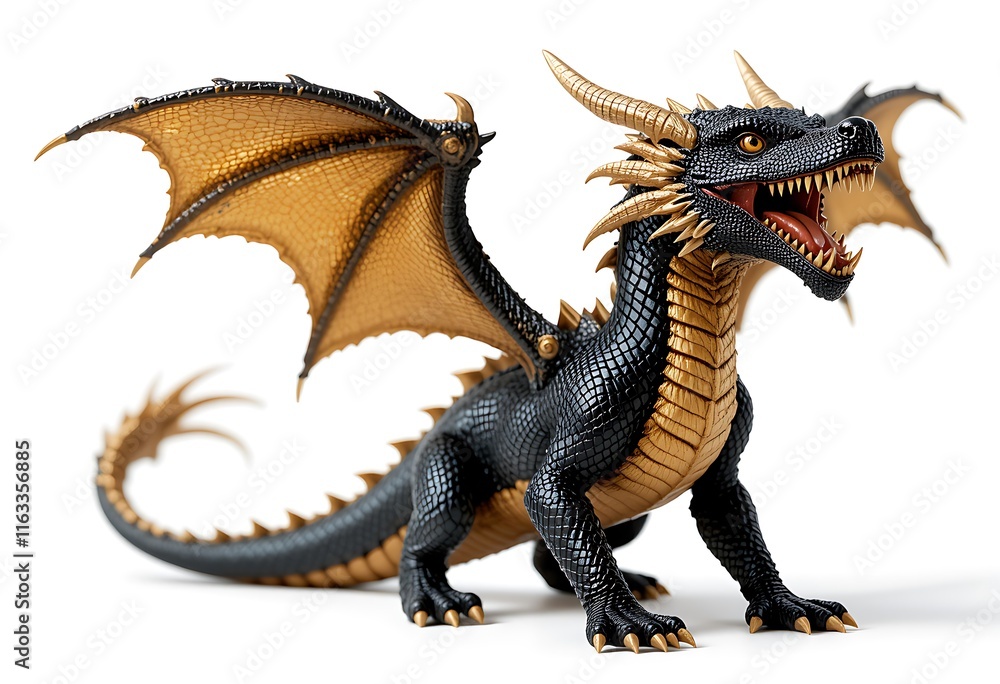 Obraz premium Majestic Black and Gold Dragon in Powerful Pose on Isolated White Background