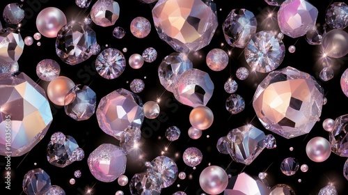 A radiant seamless pattern of crystals and pearls, glowing softly against a black background, exuding elegance