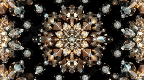 A radiant seamless pattern of crystals and pearls, glowing softly against a black background, exuding elegance