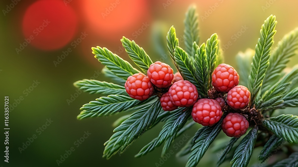 Red berries cluster on green foliage branch Red berries cluster on green foliage branch