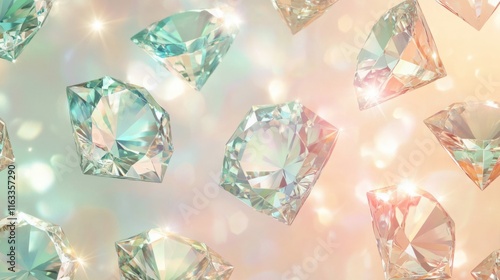 A radiant seamless pattern of diamonds and emeralds glowing against a soft pastel background, creating a luxurious effect