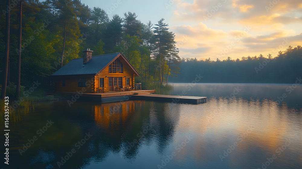 Fototapeta premium Sunrise over tranquil lake with wooden cabin.