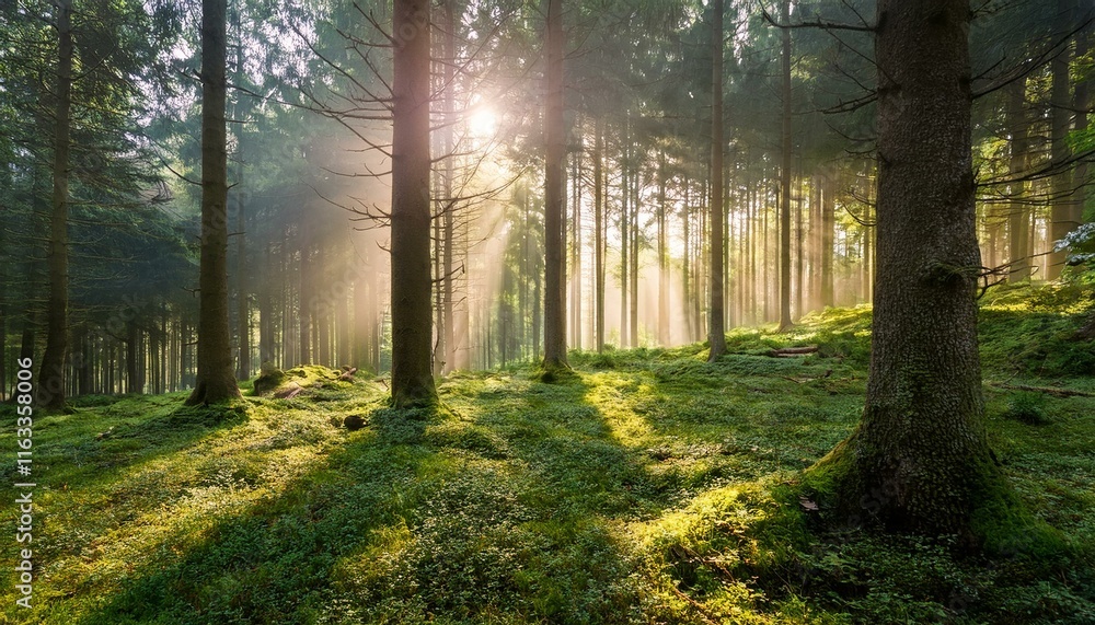 Obraz premium 朝の光が差し込み、霧が立ち込める深い森