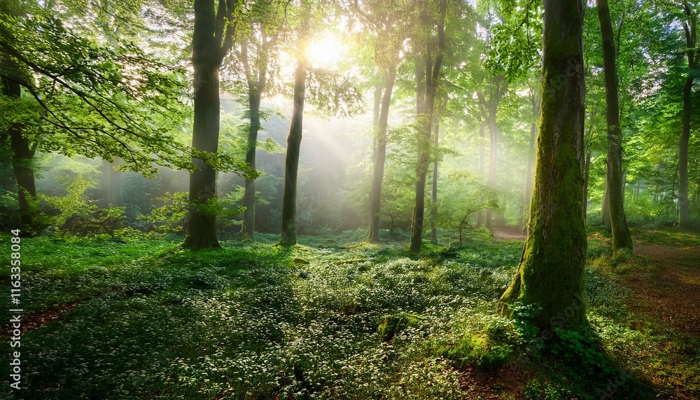 Obraz premium 朝の光が差し込み、霧が立ち込める深い森