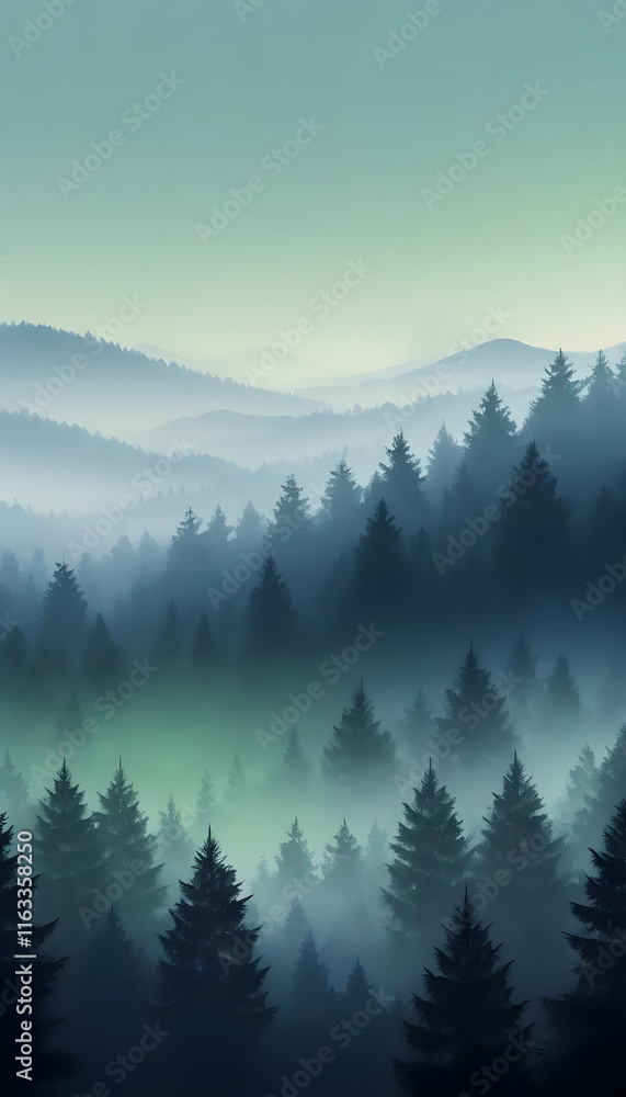 Fototapeta premium Gradient calming nature foggy forest view phone wallpaper background, ai generated