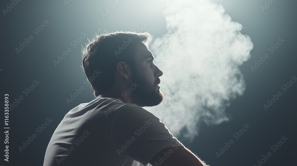 Man Exhaling Vapor in Dramatic Low Light Man Exhaling Vapor in Dramatic Low Light