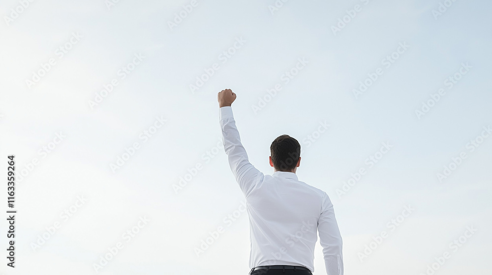 Triumphant Businessman: A rear view of a businessman raising his fist in the air, symbolizing success and ambition against a clear sky. This image evokes feelings of empowerment and achievement. 