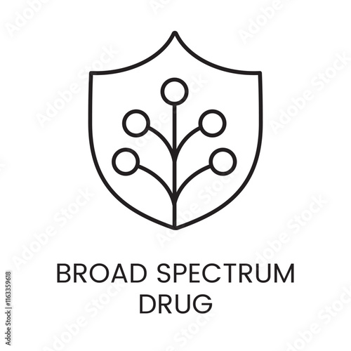 An icon of a shield with branching nodes in vector, representing protection and the targeted action of a broad spectrum drug, with an editable stroke