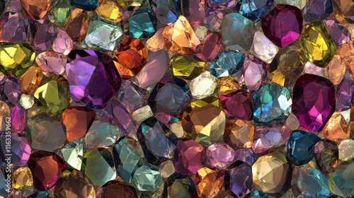 A seamless arrangement of shimmering gemstones in rich jewel tones, forming an elegant and refined background